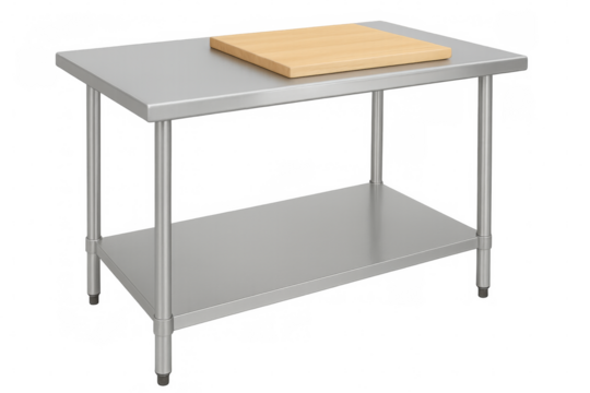 Stainless steel restaurant kitchen table with cutting board on transparent background