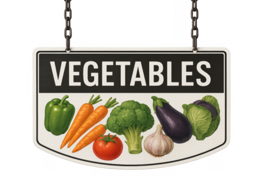 Hanging vegetables sign showing fresh produce on transparent background