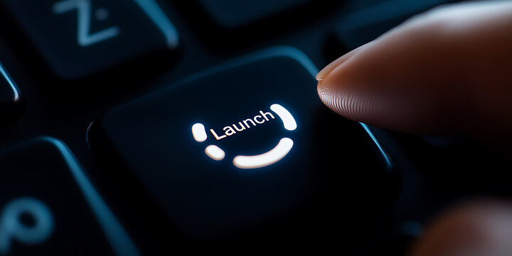 Launching Idea: Finger presses illuminated 'Launch' button on black keyboard, symbolizing innovation, startup, new beginning and digital project launch.
