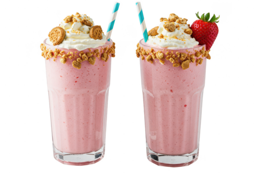 Two glasses of pink milkshake with whipped cream and cookie crumbs on a white surface isolated on transparent background