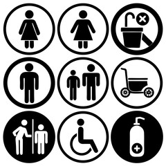Design a clean and minimalistic icon set in black and white representing common public facility signs. Include icons for male restroom, female restroom, accessible restroom (wheelchair)