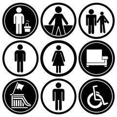 Design a clean and minimalistic icon set in black and white representing common public facility signs. Include icons for male restroom, female restroom, accessible restroom (wheelchair)