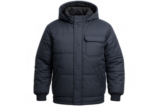 Warm padded blue winter jacket with hood isolated on transparent background