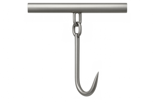 Meat hook hanging from metal rod on transparent background