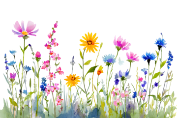 Vibrant watercolor wildflower meadow summer floral art print pink blue on transparent background