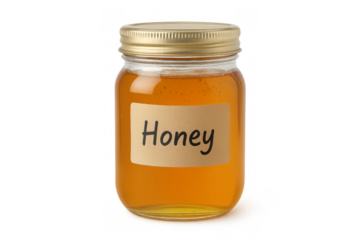 Glass jar full of honey with golden metal lid and label on transparent background