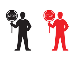 Two figures holding stop signs, illustrating traffic control.
