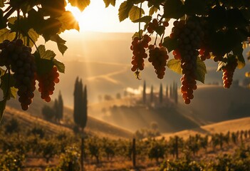 Sunlit Grapes and Rolling Tuscan Hills at Golden Hour