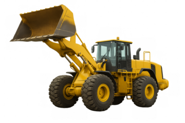 Yellow front end loader lifting bucket on transparent background