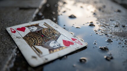 Stock photo of ace of hearts playing card in water puddle gambling luck and chance concept image one hundred