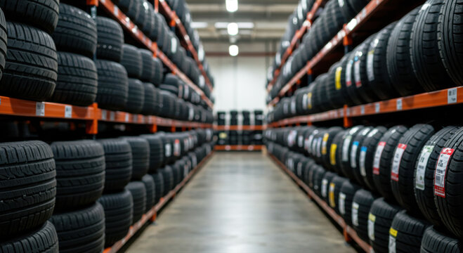 warehouse row filled with stacked tires on shelves. industrial storage facility showcasing organized tire inventory, ideal for automotive business marketing and logistics presentations  ###