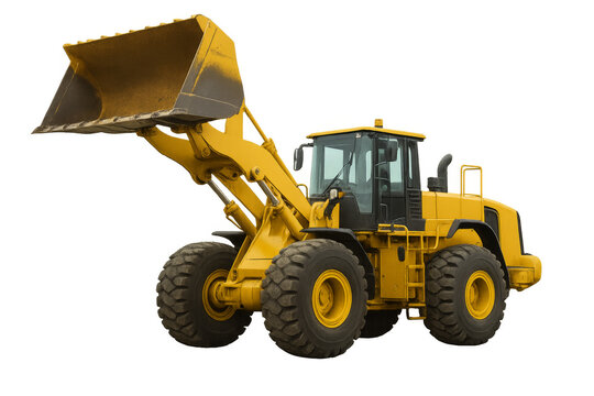 Yellow front end loader lifting bucket on transparent background
