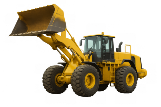 Yellow front end loader lifting bucket on transparent background