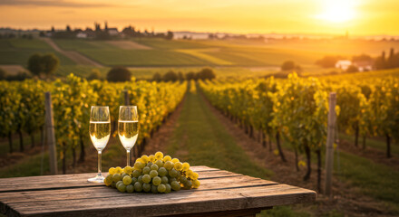 sunlit vineyard with wine glasses, rustic table setup featuring grapes, tranquil landscape at sunset, perfect scene for relaxation and leisure. ideal for vineyard tours and wine appreciation.