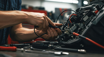 technician repairing electronics with tools, using precision instruments in workshop environment. hands holding probes, testing equipment. concept of technology and engineering expertise.