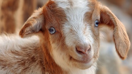 Fototapeta premium Portrait of cute baby goat face close up adorable animal photography farm animal young goat kid brown and white