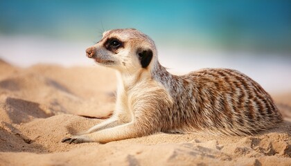 cute meerkat relaxes on a sandy beach funny summer vacation image