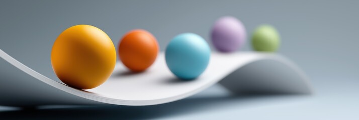 A row of colorful balls on a white surface. The balls are arranged in a way that they appear to be balancing on top of each other. Concept of harmony and balance
