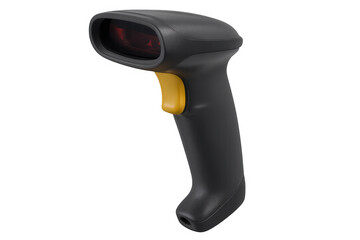Handheld barcode scanner projecting red scanning beam, transparent background, highlighting modern inventory tracking technology