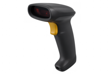 Handheld barcode scanner projecting red scanning beam, transparent background, highlighting modern inventory tracking technology