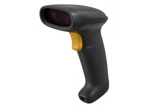 Handheld barcode scanner projecting red scanning beam, transparent background, highlighting modern inventory tracking technology