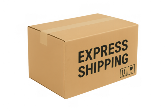 Cardboard shipping box with sealed edges, ready for transport, standing against transparent backdrop for logistics visualization