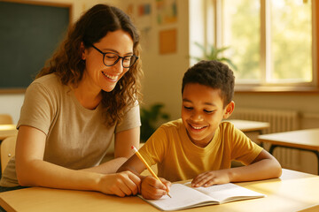 teacher assisting young student in classroom setting, fostering learning and support. smiling, engaging, educational environment, bright and motivating atmosphere enhances academic success