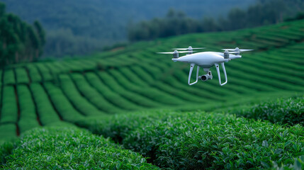 Autonomous drones and ground robots working in high-altitude tea gardens, green technology in rural Asia. drone agriculture, autonomous farming, robotic tea harvesting, sustainable