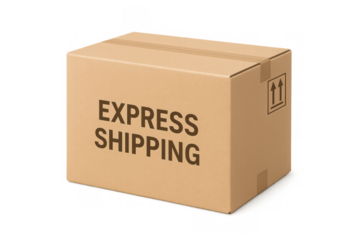 Cardboard shipping box bearing express label, standing isolated on transparent surface, representing delivery logistics concept