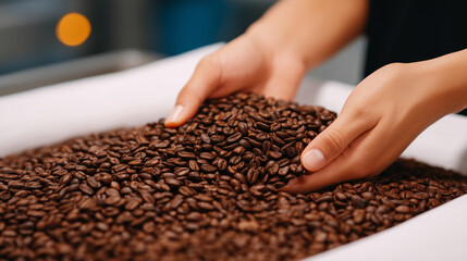 Close-up of a quality control specialist manually sorting coffee beans by hand on a white table to remove defects coffee bean sorting, manual coffee inspection, defective bean remo