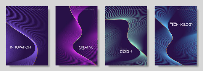 Abstract gradient poster set with wavy сolorful and gold lines. Modern vector background cover templates with 3D effects in motion. Artistic design for cover, flyer, banner, social media, music, ads. 