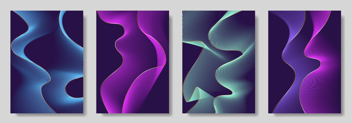 Abstract gradient poster set with wavy сolorful and gold lines. Modern vector background cover templates with 3D effects in motion. Artistic design for cover, flyer, banner, social media, music, ads. 