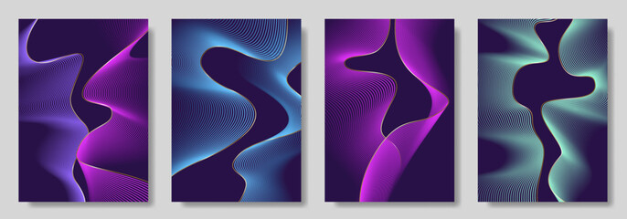 Abstract gradient poster set with wavy сolorful and gold lines. Modern vector background cover templates with 3D effects in motion. Artistic design for cover, flyer, banner, social media, music, ads.