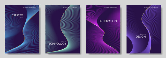 Abstract gradient poster set with wavy сolorful and gold lines. Modern vector background cover templates with 3D effects in motion. Artistic design for cover, flyer, banner, social media, music, ads.