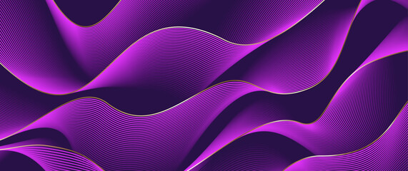Abstract gradient poster vector background with wavy purple and gold lines. Modern  cover templates with 3D effects in motion. Artistic design for cover, flyer, banner, social media, music, ads. 