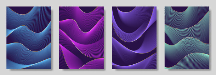 Abstract gradient poster set with wavy сolorful and gold lines. Modern vector background cover templates with 3D effects in motion. Artistic design for cover, flyer, banner, social media, music, ads. 