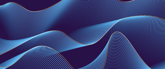 Abstract gradient poster vector background with wavy blue and gold lines. Modern  cover templates with 3D effects in motion. Artistic design for cover, flyer, banner, social media, music, ads.