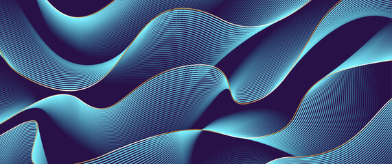 Abstract gradient poster vector background with wavy blue and gold lines. Modern  cover templates with 3D effects in motion. Artistic design for cover, flyer, banner, social media, music, ads.