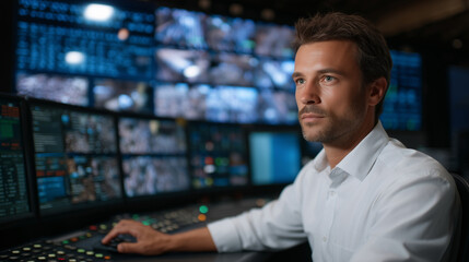 Fototapeta premium Supervisor in a control room watching multiple screens that show live feeds from different quality checkpoints: roasting, grinding, packaging coffee factory monitoring, multi-stage