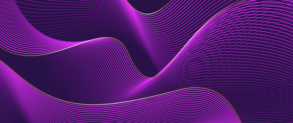 Abstract gradient poster vector background with wavy purple and gold lines. Modern  cover templates with 3D effects in motion. Artistic design for cover, flyer, banner, social media, music, ads. 