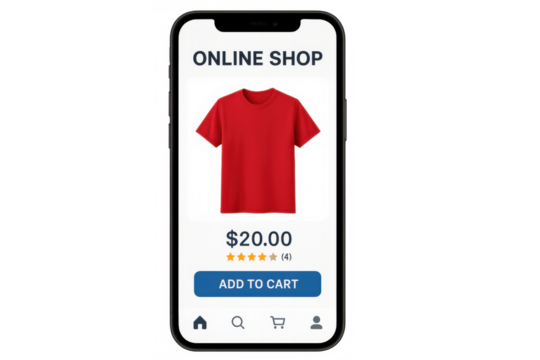 Smartphone screen showing red t-shirt listing, displaying product price, star ratings, purchasing option with clean transparent backdrop