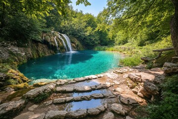 Fototapeta premium Discover the beauty of a hidden paradise with a stunning waterfall and emerald lake, Nature paradise Heaven waterfall with emerald lake in wild forest