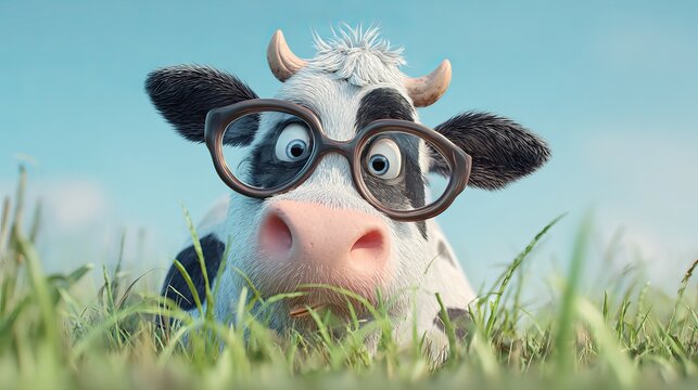 Funny cartoon cow with glasses in green grass field stock photo and cute animal illustration design art