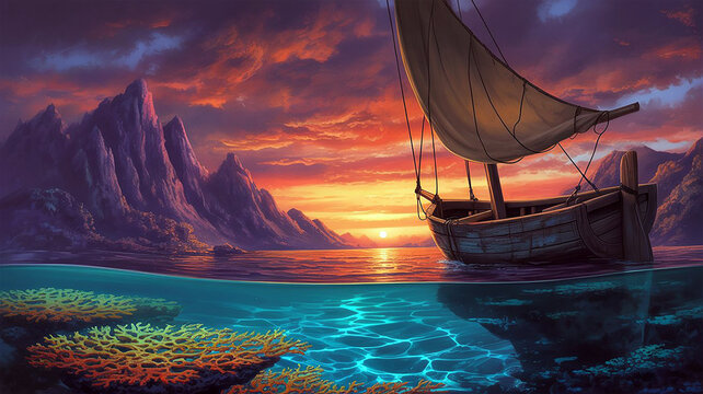 Sunset Sailboat Calm Ocean Coral Reef Mountainscape