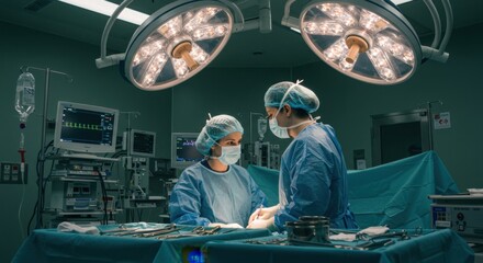 Nurse Assisting Surgeon in High-Tech Operating Room