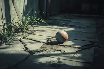 A small rubber ball with faded colors stuck in the cracks of a deserted city sidewalk, overgrown weeds pushing through the concrete, harsh sunlight casting long shadows.