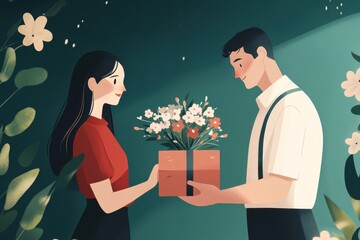 Woman presents gifts and flowers to her father during special celebration of love and appreciation, woman gives gifts and flowers to her father on world father's day