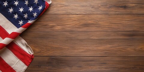 Obraz premium United States flag draped on rustic wooden background evokes patriotic spirit and national pride