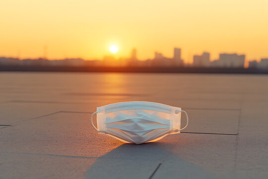 A disposable face mask lies on a concrete surface, with a silhouetted cityscape and a vibrant sunset in the background, suggesting transition.