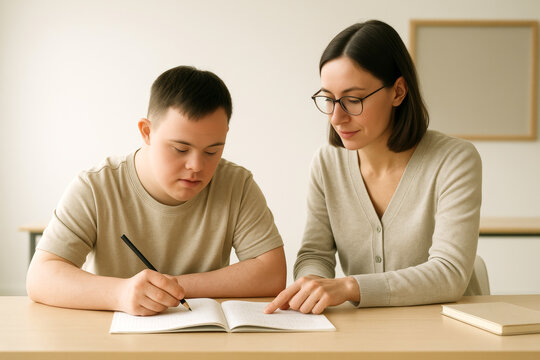female teacher assisting young student with down syndrome in classroom. engaging in educational activities, focusing on inclusion and personalized learning. warm, supportive learning environment